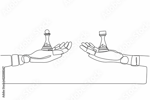 Single continuous line drawing robots hands with pawn and rook chess pieces. Modern robotics artificial intelligence technology. Electronic technology industry. One line draw graphic design vector