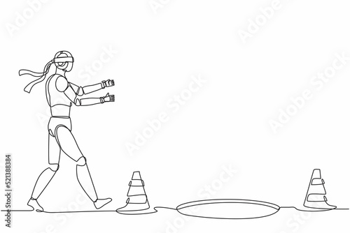 Continuous one line drawing robot runs to business trap. Blind investment. Humanoid robot cybernetic organism. Future robotics development concept. Single line draw design vector graphic illustration