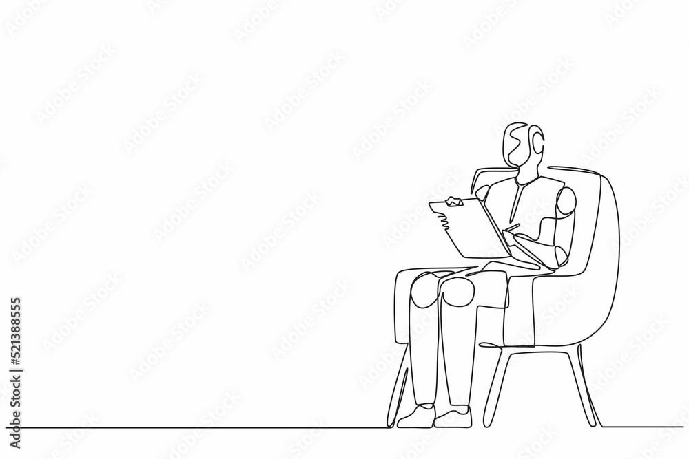 Single continuous line drawing robots sitting on chair and writing on clipboard. Modern robotics artificial intelligence technology. Electronic technology industry. One line draw graphic design vector