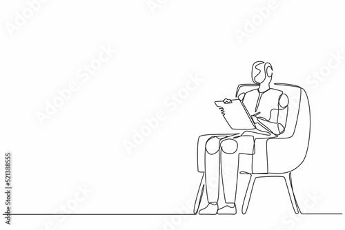 Single continuous line drawing robots sitting on chair and writing on clipboard. Modern robotics artificial intelligence technology. Electronic technology industry. One line draw graphic design vector