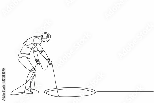 Continuous one line drawing robot stretch out rope into hole. Wondering, looking at hole. Humanoid robot cybernetic organism. Future robotic development. Single line draw design vector illustration