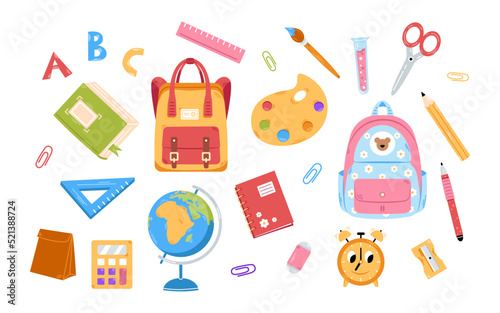 Vector back to school set. Cute collection of school supplies for children. Colorful flat design. Backpack, globe, alarm, calculator, paints, pencil.