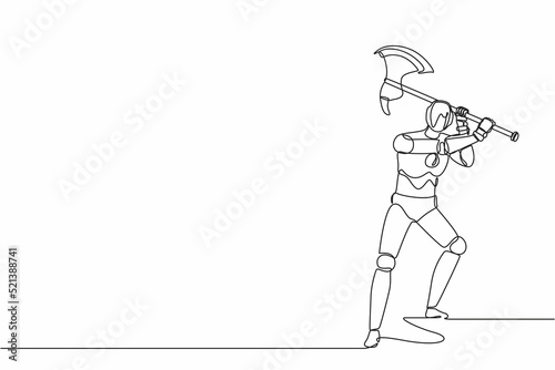 Single continuous line drawing robot standing and swinging big axe. Modern robotics artificial intelligence technology. Electronic technology industry. One line draw graphic design vector illustration