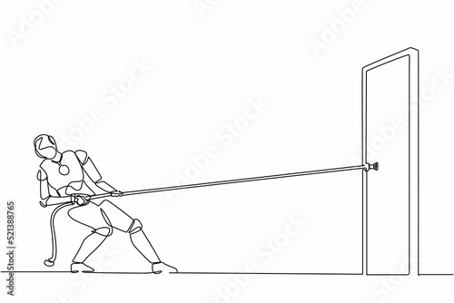 Continuous one line drawing robot pulling and trying open door with rope. Humanoid robot cybernetic organism. Future robotics development concept. Single line draw design vector graphic illustration