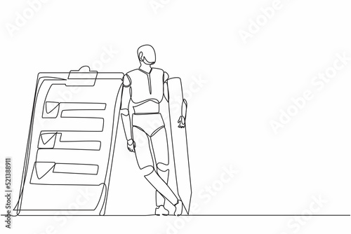 Single continuous line drawing robots holding big pencil and lean on clipboard. Modern robotics artificial intelligence technology. Electronic technology industry. One line draw graphic design vector