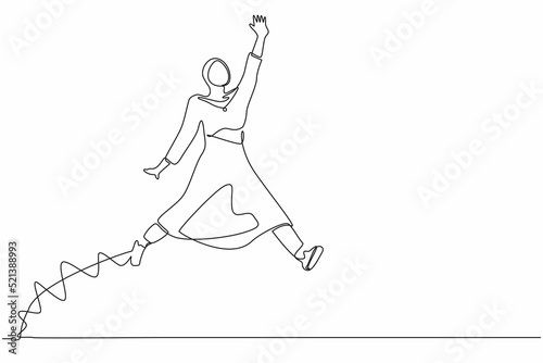 Single continuous line drawing happy Arab businesswoman jumping with spreads both legs and raises one hand. Saleswoman celebrates salary increase from company. One line draw design vector illustration