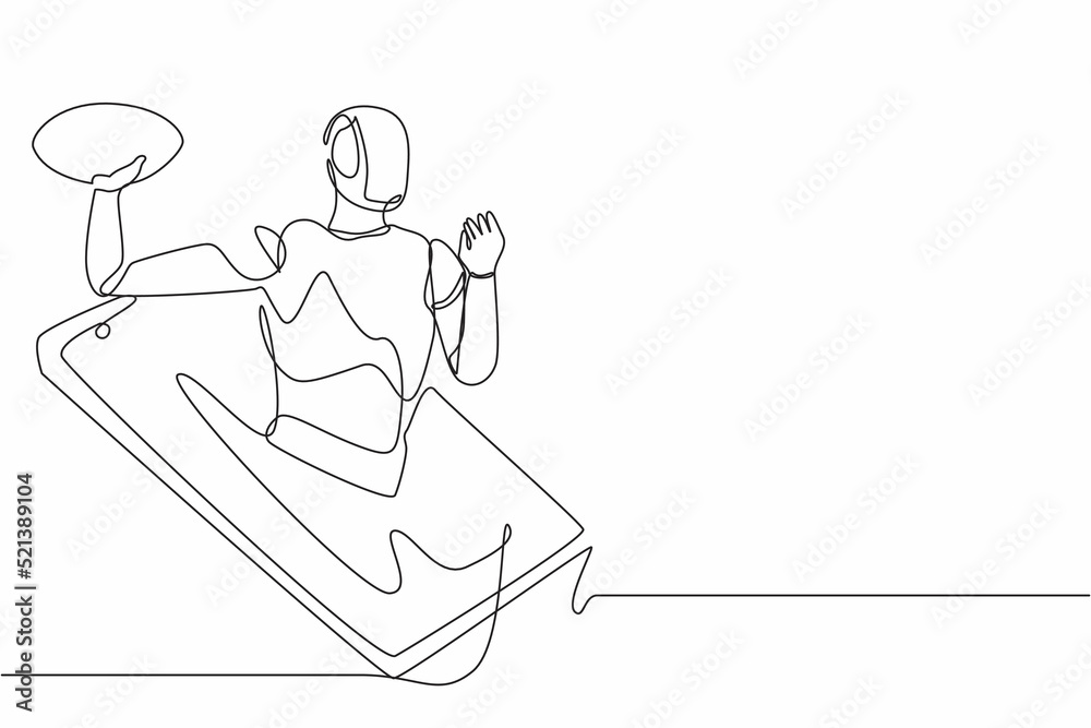 Single one line drawing robot come out from cellular phone and throw american football ball. Future technology. Artificial intelligence, machine learning process. Continuous line graphic design vector
