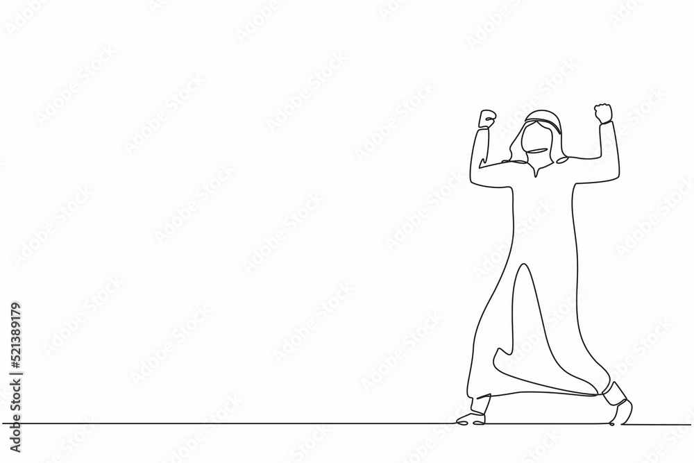 Continuous one line drawing happy Arab businessman standing with raised his clenched hands. Male manager celebrating success of increasing company product sales. Single line draw design vector graphic