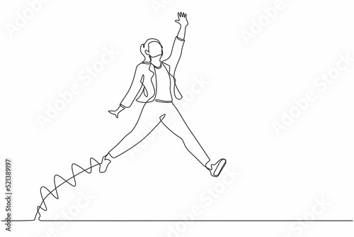 Single one line drawing happy businesswoman jumping with spreads both legs and raises one hand. Saleswoman celebrates salary increase from company. Continuous line design graphic vector illustration