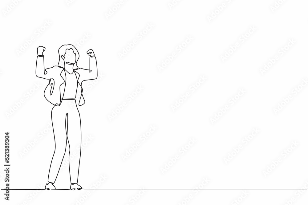 Continuous one line drawing happy businesswoman standing with raised her clenched hands. Female manager celebrating success of increasing company product sales. Single line draw design vector graphic