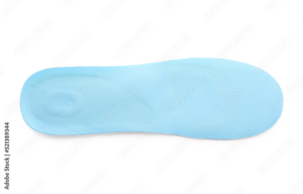 Light blue orthopedic insole isolated on white, top view