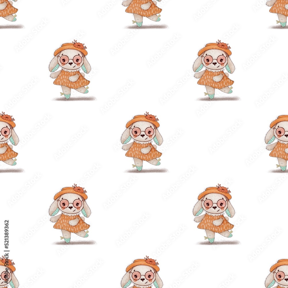 Hand drawn illustration of a cute dancing rabbit girl in a dress and hat. Whimsical bunny character. Seamless pattern Hand drawn illustration of a cute dancing rabbit girl in a dress and hat. Whimsical bunny character. Seamless pattern