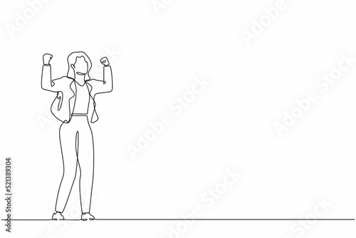 Continuous one line drawing happy businesswoman standing with raised her clenched hands. Female manager celebrating success of increasing company product sales. Single line draw design vector graphic