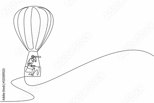 Single continuous line drawing robots with monocular, ride hot air balloon briefcase. Modern robotics artificial intelligence technology. Electronic technology industry. One line graphic design vector