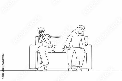 Continuous one line drawing sad unhappy Arabian husband and wife sitting on couch and keeping silence after quarrel at home. Problems in communication and fight. Single line draw design vector graphic © Simple Line