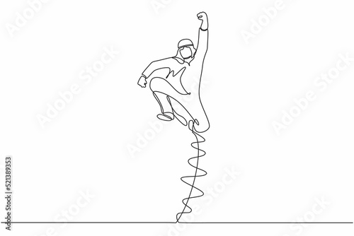 Single one line drawing happy Arab businessman jump with folds one leg and raises one hand. Male manager celebrating success of increasing company product sales. Continuous line design graphic vector