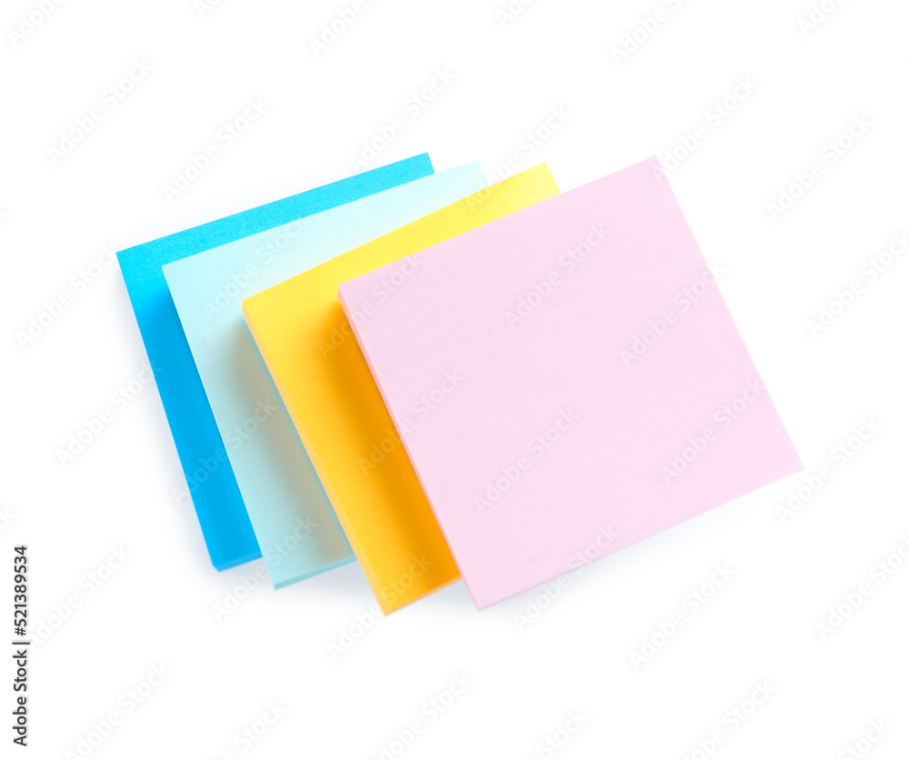 Blank colorful sticky notes on white background, top view Blank colorful sticky notes on white background, top view