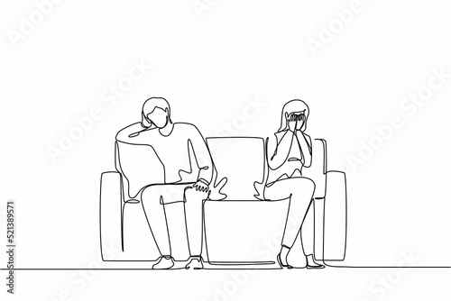 Single one line drawing sad unhappy husband and wife sitting on couch and keeping silence after quarrel at home. Problems in communication and fight. Continuous line design graphic vector illustration