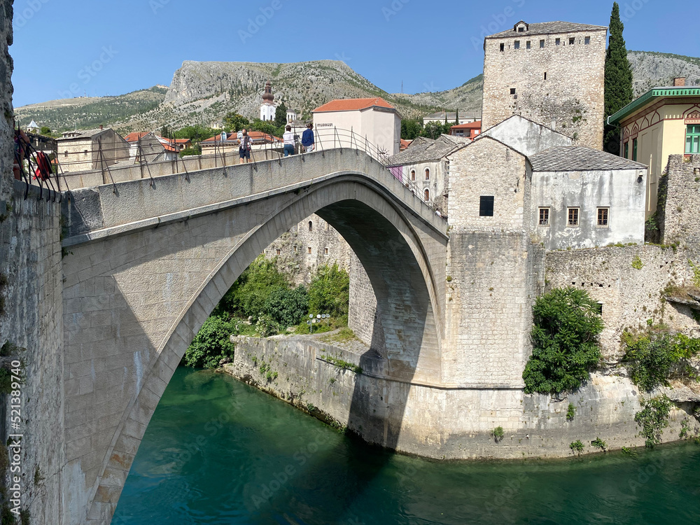 old arched pedestrian bridge in Mostar Bosnia Europe