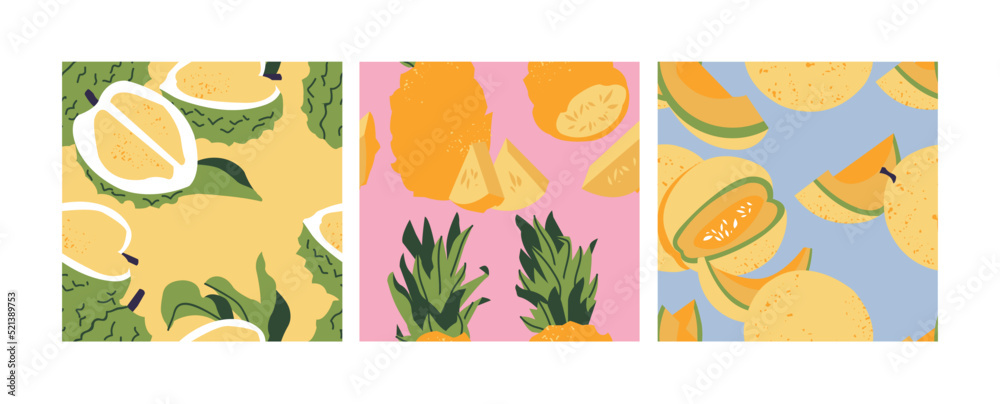 Vector set of seamless patterns with dragon durian, pineapple and melon fruits. Abstract design for paper, cover, fabric.