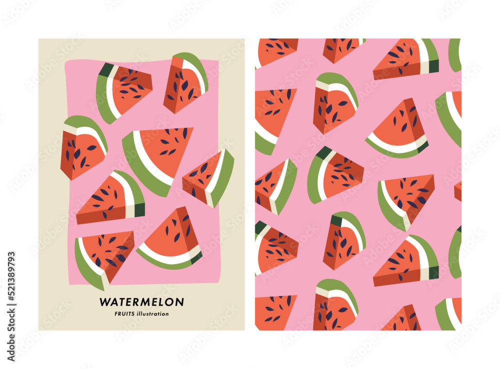 Vector illustration poster with watermelon fruit. Art for postcards, wall art, banner, background.Seamless pattern.