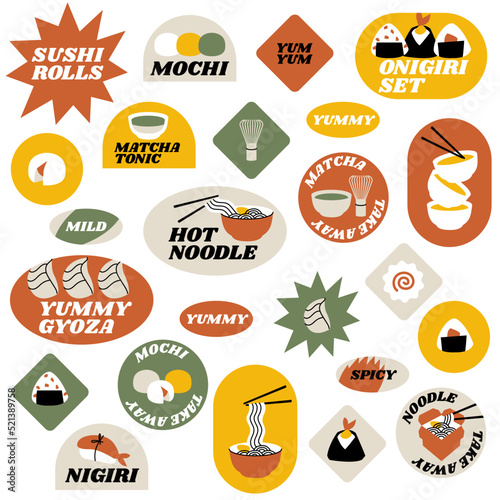 Vector set of retro fast food stickers for Asian cafe. Colorful patch badges with Japanese food.