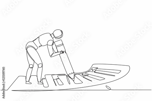 Continuous one line drawing robots standing near big checklist and fills out questionnaire with pencil. Humanoid robot cybernetic organism. Future robotics development. Single line draw design vector