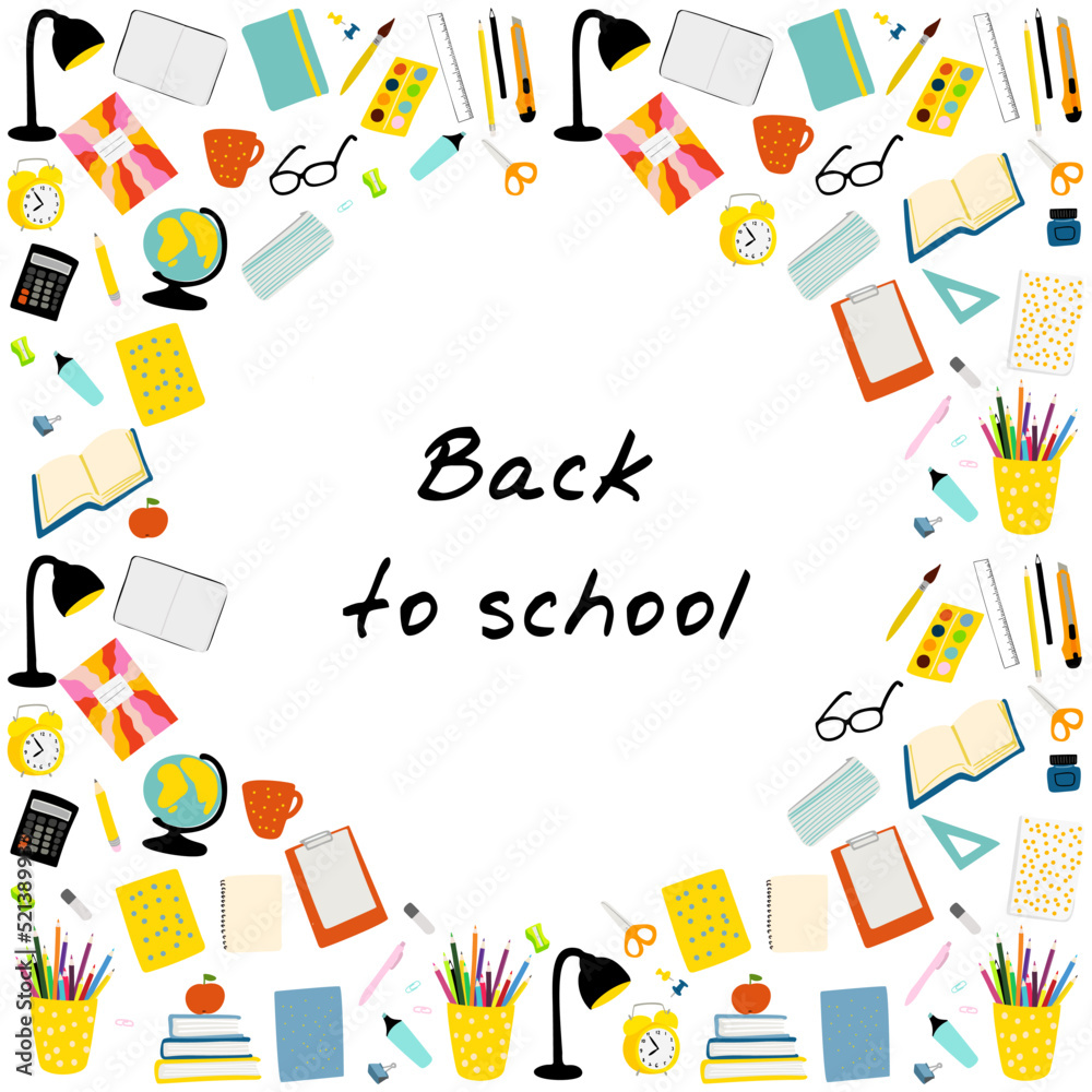 Back to school frame illustration with school stationery on white background Back to school frame illustration with school stationery on white background