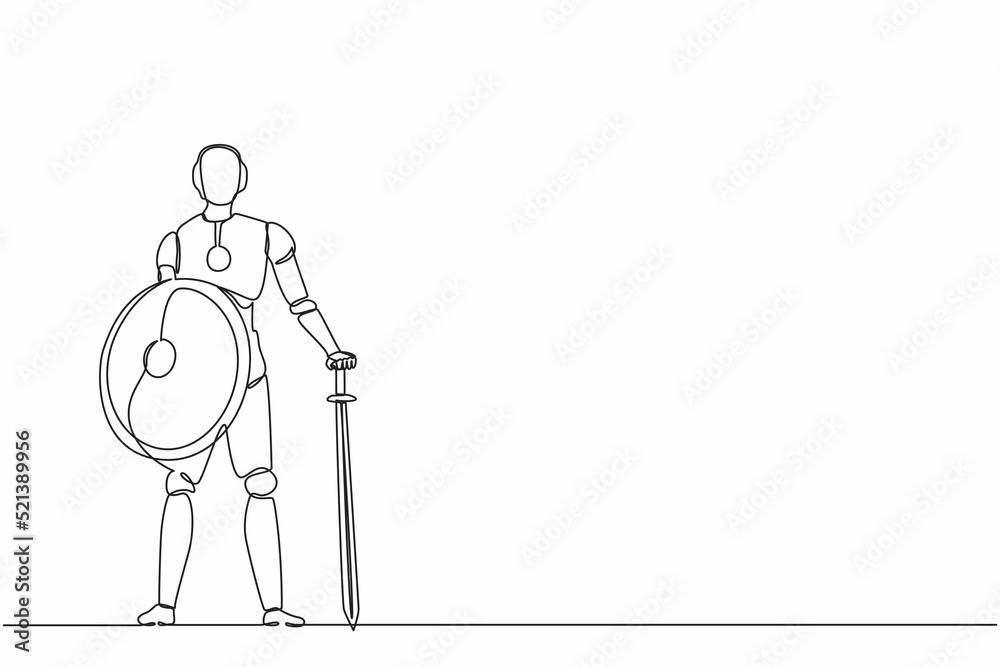 Continuous one line drawing robots stands holding big sword and shield. Humanoid robot cybernetic organism. Future robotics development concept. Single line draw design vector graphic illustration Continuous one line drawing robots stands holding big sword and shield. Humanoid robot cybernetic organism. Future robotics development concept. Single line draw design vector graphic illustration