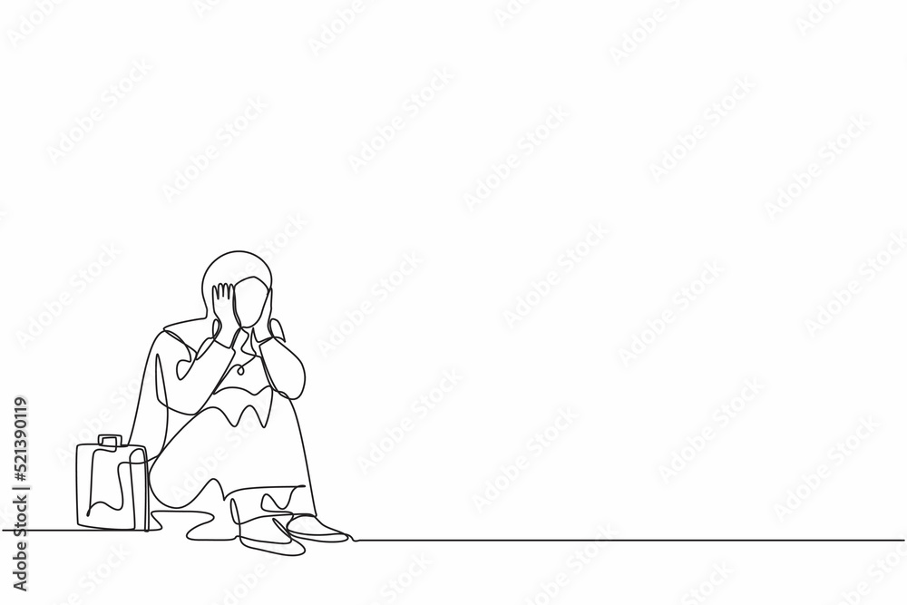 Continuous one line drawing sad Arabian businesswoman cover her face by hands and sitting on the floor. Depression disorder, sad, sorrow, disappointment symptom. Single line draw design vector graphic
