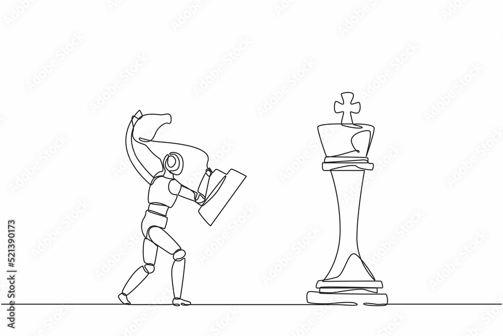 Continuous one line drawing robots holding knight chess piece to beat king chess. Humanoid robot cybernetic organism. Future robotics development. Single line draw design vector graphic illustration