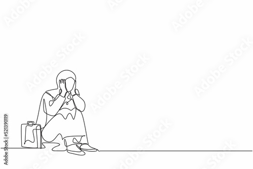 Continuous one line drawing sad Arabian businesswoman cover her face by hands and sitting on the floor. Depression disorder, sad, sorrow, disappointment symptom. Single line draw design vector graphic