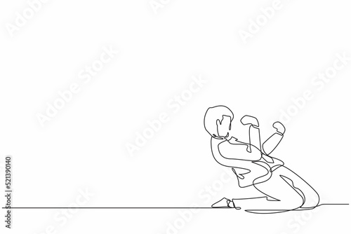 Continuous one line drawing happy businessman kneeling with celebrating goal pose. Office worker celebrate success of company financial project. Single line draw design vector graphic illustration