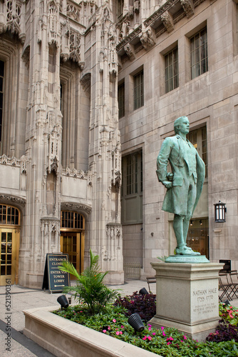 Nathan Hale statue at the Herald Tribune Tower entrance in Chicago  photo