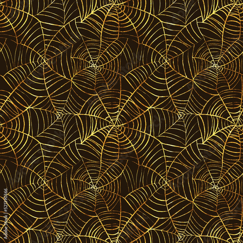 Seamless spider web pattern for Halloween hand-drawn with gold 