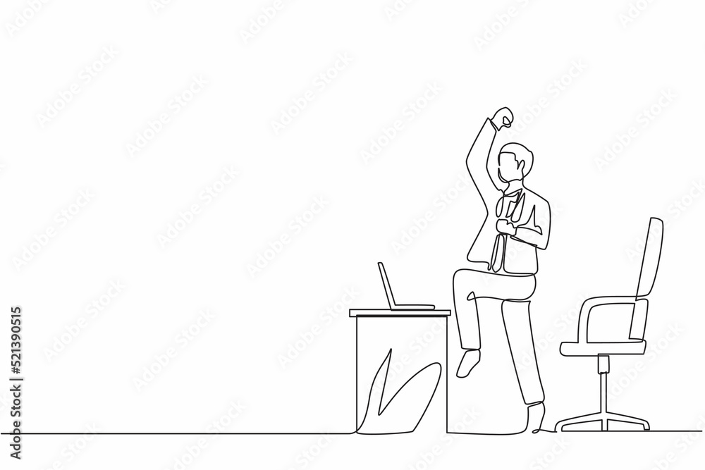 Single one line drawing happy businessman jumping and dancing on the his workplace. Male manager celebrating success of increasing company's product sales. Continuous line draw design graphic vector