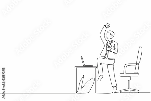Single one line drawing happy businessman jumping and dancing on the his workplace. Male manager celebrating success of increasing company s product sales. Continuous line draw design graphic vector