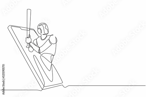 Continuous one line drawing robot come out from cellular phone with baseball player pose. Humanoid robot cybernetic organism. Future robotic development concept. Single line draw design vector graphic