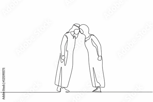 Single continuous line drawing Arab man and woman arguing scream at each other engaged in family fight. Stubborn angry husband and wife yell shout, argue quarrel at home. One line draw design vector