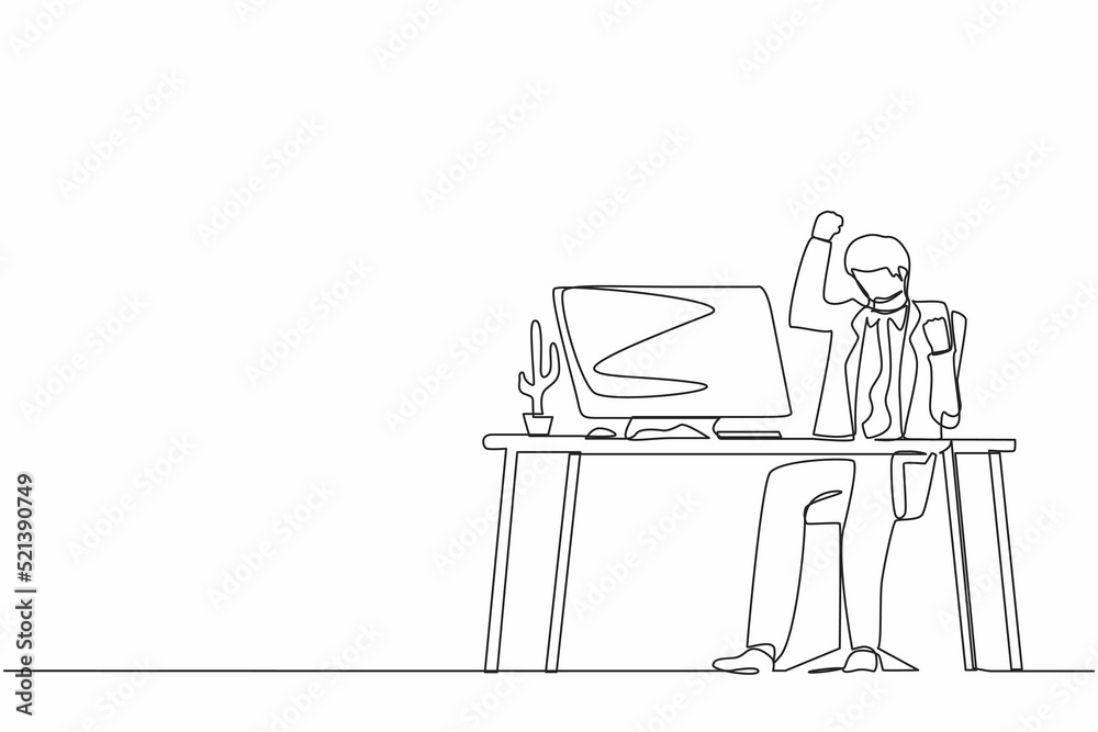 Single continuous line drawing happy businessman sitting on workplace with raised one hand high and raised the other. Worker celebrates salary increase from company. One line graphic design vector Single continuous line drawing happy businessman sitting on workplace with raised one hand high and raised the other. Worker celebrates salary increase from company. One line graphic design vector