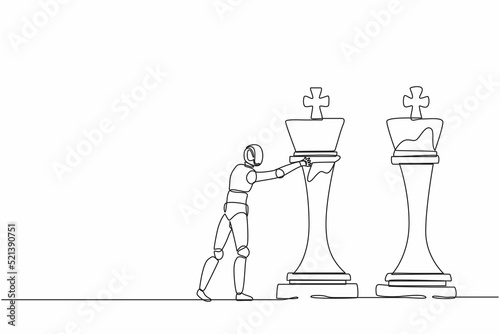 Single one line drawing robot push huge king chess piece to take down the other king. Future technology. Artificial intelligence machine learning process. Continuous line draw design graphic vector