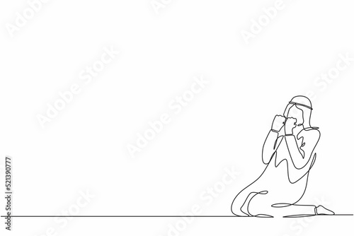Single one line drawing happy Arab businessman kneeling with gesture of both hands yes.