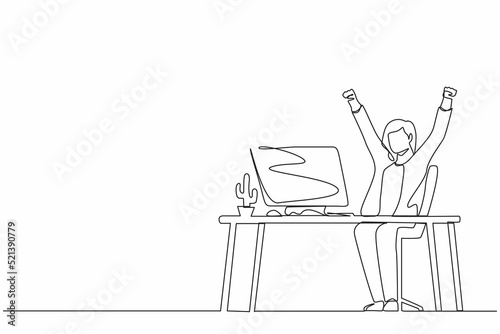Single continuous line drawing happy businesswoman sitting with raised hands on the her workplace. Office worker celebrates salary increase from company. One line graphic design vector illustration