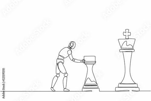 Single continuous line drawing robots push huge rook chess piece to take down king. Modern robotics artificial intelligence technology. Electronic technology industry. One line graphic design vector