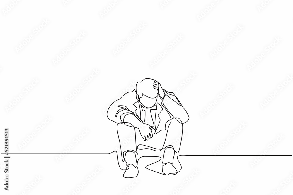 Single one line drawing businessman feeling sad, depression, holding head, and sitting on the floor. Frustrated worker mental health problems. Continuous line draw design graphic vector illustration