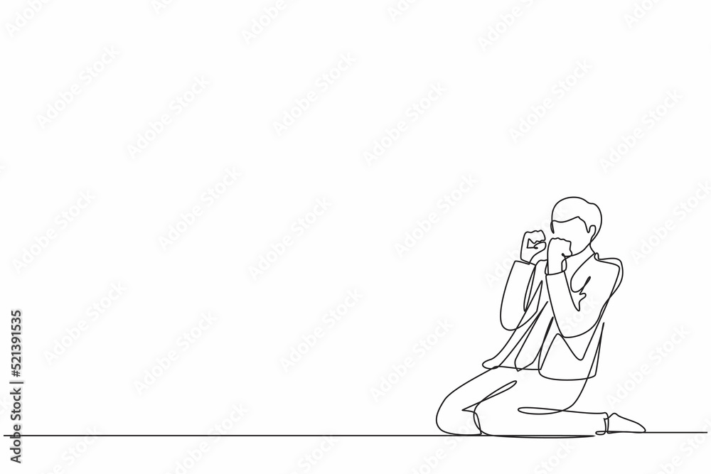 Single continuous line drawing happy businessman kneeling with gesture of both hands yes. Single continuous line drawing happy businessman kneeling with gesture of both hands yes.
