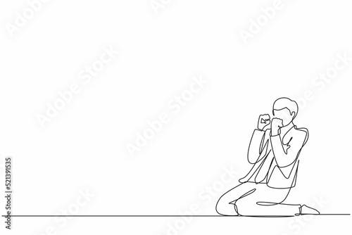 Single continuous line drawing happy businessman kneeling with gesture of both hands yes.
