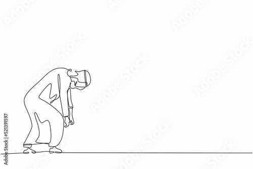 Continuous one line drawing sad Arab businessman bowed down. Man feeling lonely and having mental pressure or stress. Bankruptcy on global economic recession, failure. Single line draw design vector