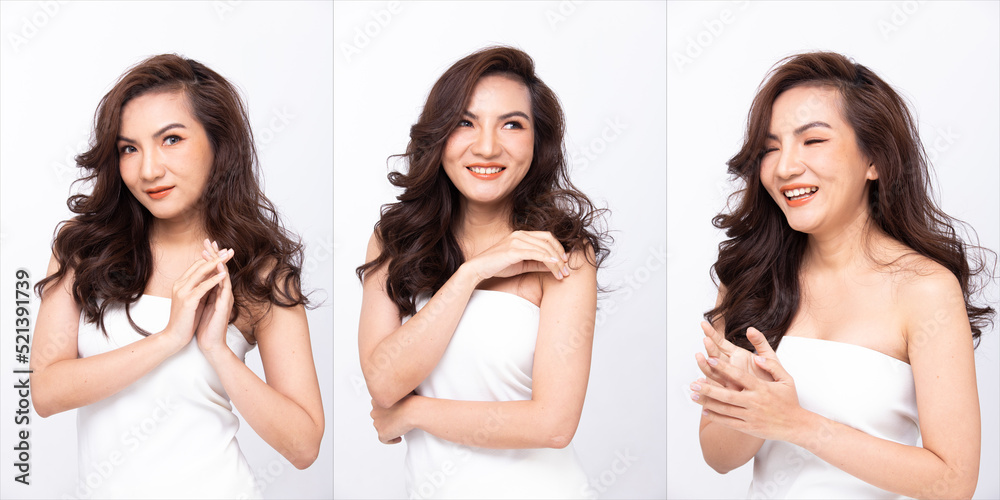 Asian 30s woman show beautiful smile happy lips, white flower as fresh clean skin care Asian 30s woman show beautiful smile happy lips, white flower as fresh clean skin care