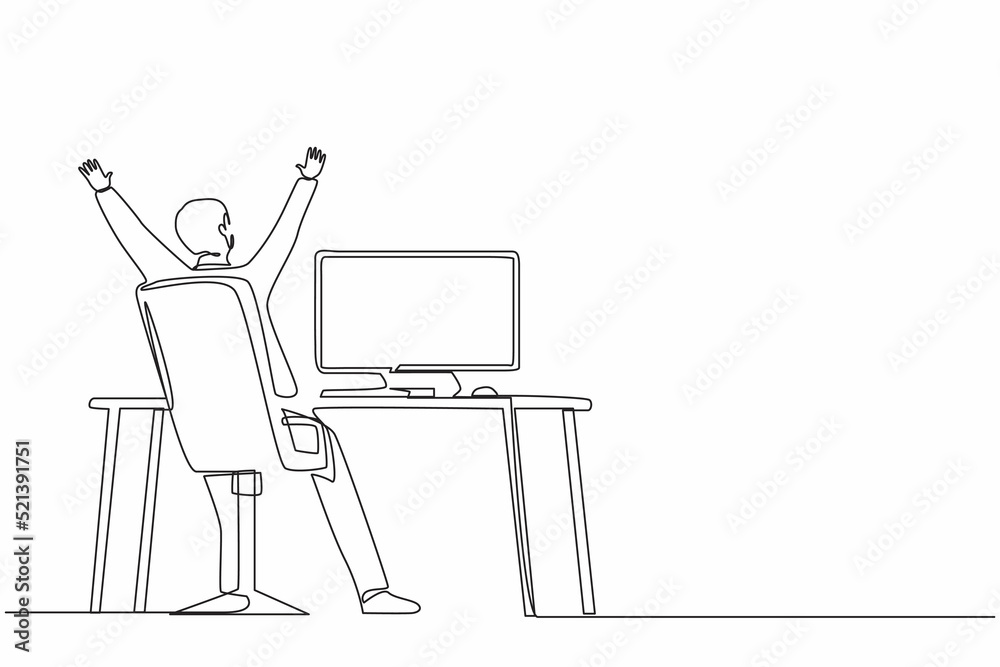 Single continuous line drawing back view happy man completed task and triumphing with raised hands on the his workplace. Successful well done work. Completed task. One line draw graphic design vector Single continuous line drawing back view happy man completed task and triumphing with raised hands on the his workplace. Successful well done work. Completed task. One line draw graphic design vector